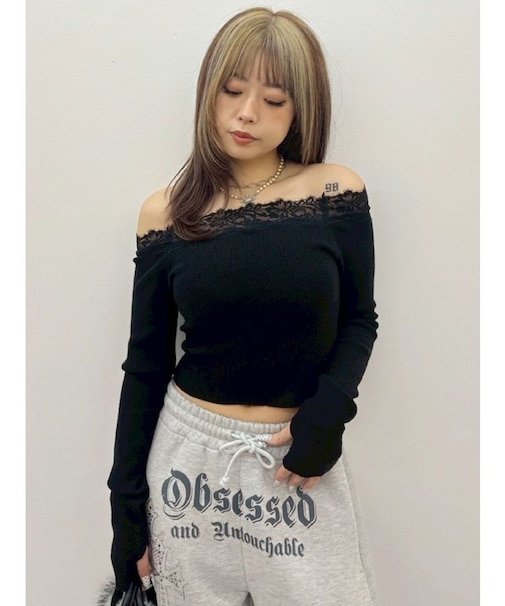 レースドッキングオフショルニットトップス