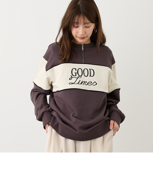 ZIP付きバイカラー刺繍スウェット