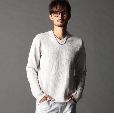 バーク風ジャカード Vネックプルオーバーニット