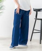 【C-FORT POINT】ニットデニム ベイカーワイドパンツ デニム風 ストレッチ 柔らかい 楽パン ウエストゴム 大人カジュアル デイリー 公園 ワンマイルウェア