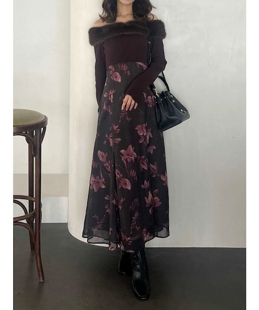 花柄オフショルニットドッキングワンピース