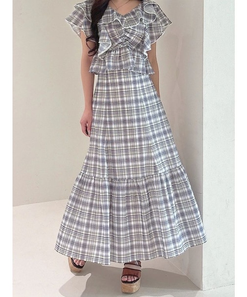 チェックプリントバックレースアップティアードスカート