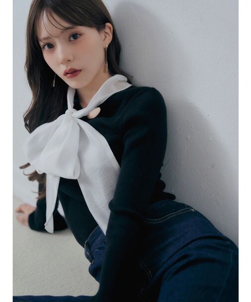 異素材ビッグリボンリブニット