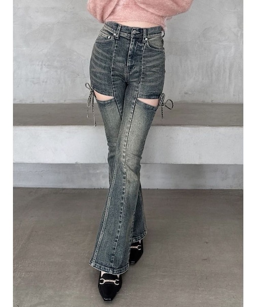 【新色追加】カットアウトリボンデニムパンツ