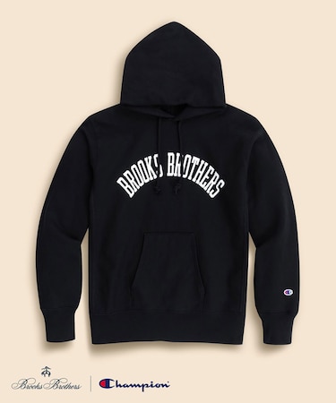 Brooks Brothers×Champion USAコットン ラバープリントロゴ フーデッド スウェットシャツ Made in USA