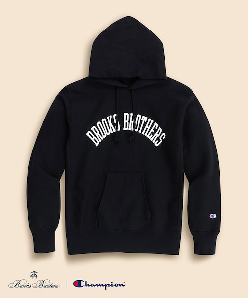 Brooks Brothers×Champion USAコットン ラバープリントロゴ フーデッド スウェットシャツ Made in USA
