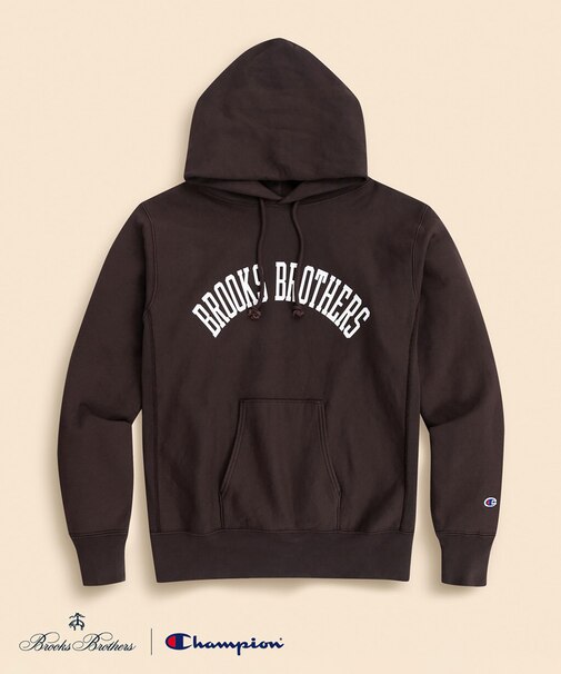 Brooks Brothers×Champion USAコットン ラバープリントロゴ フーデッド スウェットシャツ Made in USA