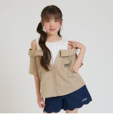 【別注】肩あきシャツドッキングトップス