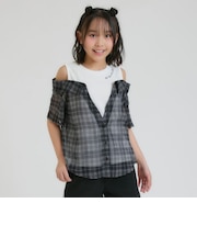 肩あきシアーチェックドッキングシャツ