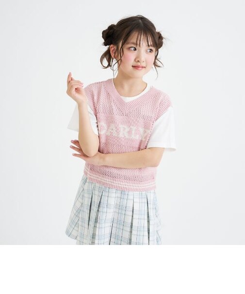 【洗える】メッシュニットベスト+半袖Tシャツ