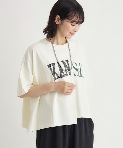 《体型カバー》切替プリントTシャツ