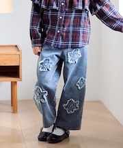 《110-160cm展開》フラワーアップリケカーブデニムパンツ