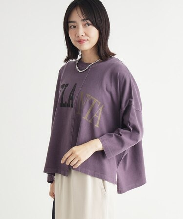 《店舗人気アイテム/体型カバー》ロゴ切替7分袖Tシャツ