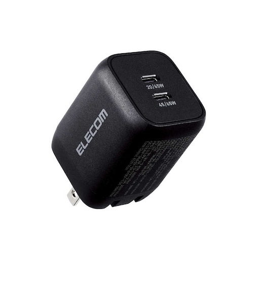 エレコム　ノートパソコン 充電器 PD 65W PPS対応 Type-C ×2 折りたたみプラグ 小型 軽量 ブラック  ACDCPD4365BK