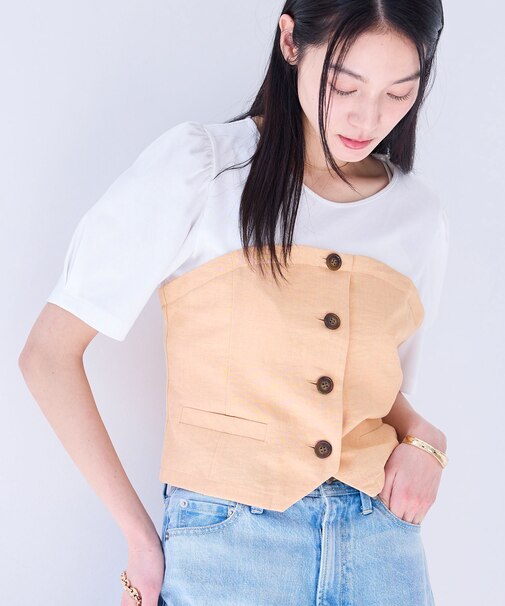 【新色追加】【美easy】釦ビスチェTシャツドッキングプルオーバー【接触冷感/洗える】