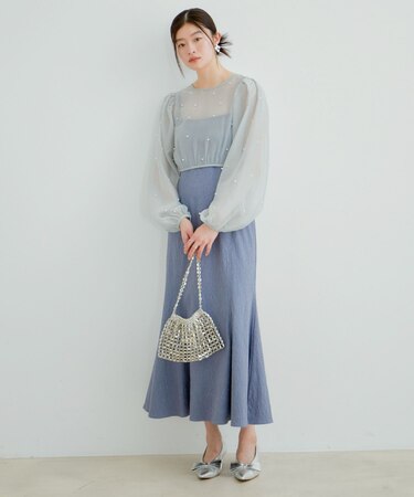 【新色追加】【VIS DRESS】チュールパールブラウス&ジャガードワンピースセット