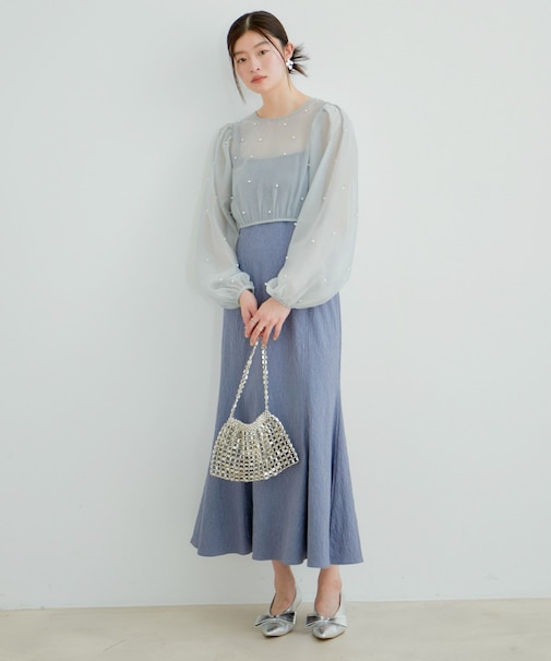 【新色追加】【VIS DRESS】チュールパールブラウス&ジャガードワンピースセット