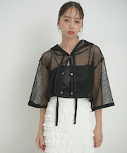 【洗える】メッシュフーテッドカーディガン