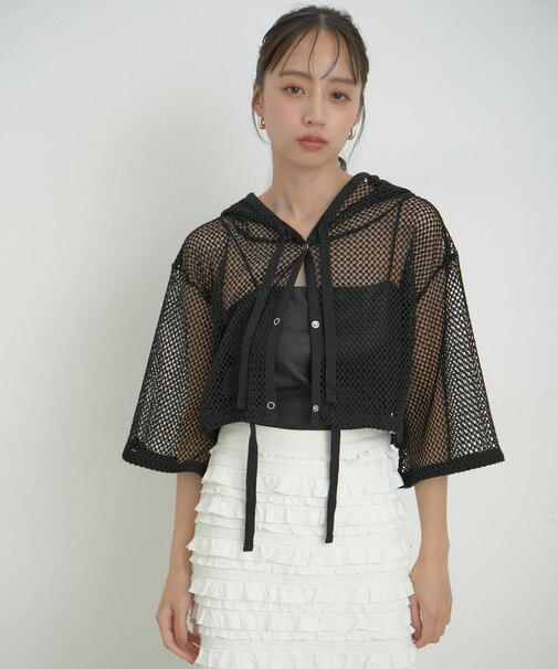 【洗える】メッシュフーテッドカーディガン