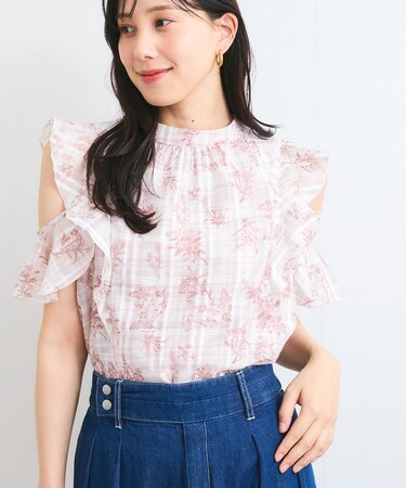 【洗える】2WAYショルダーシアーチェックブラウス