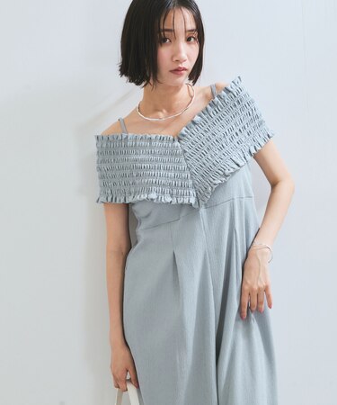 シャーリングオフショルダーオールインワン