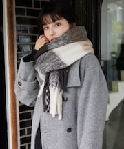 ふわふわフリンジチェックマフラー/静電気防止