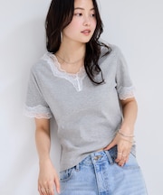 レーストリムVネックTシャツ/汗ジミ加工