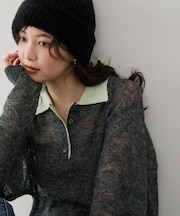 【WEB限定】シアーモヘア配色ポロ襟ニット