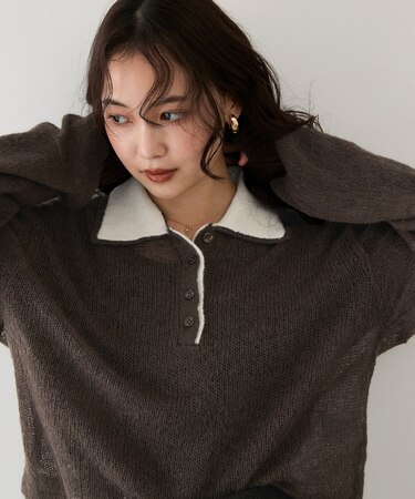 【WEB限定】シアーモヘア配色ポロ襟ニット