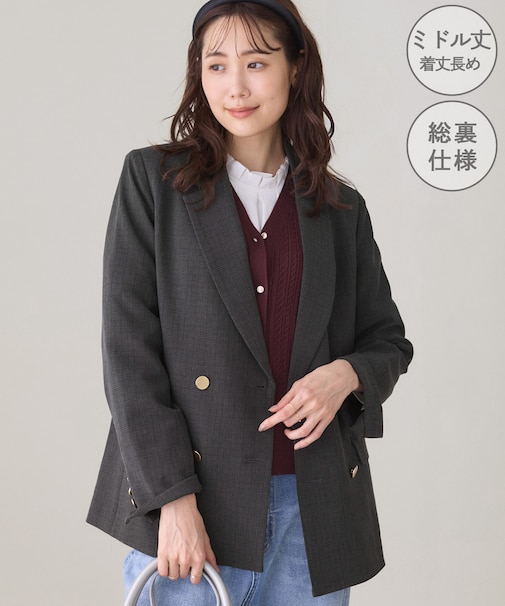 【WEB限定】レディハンサムシリーズ ウールライク金ボタンミドル丈ジャケット(総裏地)