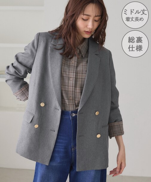 【WEB限定】レディハンサムシリーズ ウールライク金ボタンミドル丈ジャケット(総裏地)