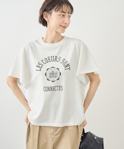 カレッジロゴプリントフレアスリーブピグメントTシャツ/リンクコーデ