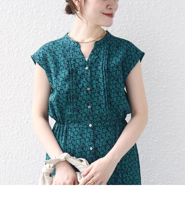 【WEB限定】〈洗濯機可能〉ドット 花柄 サイド プリーツ フレンチスリーブ ワンピース