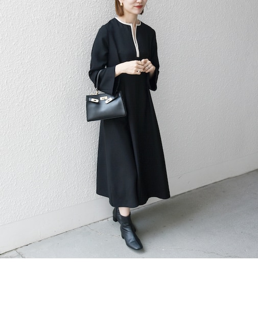 【WEB限定】〈洗濯機可能〉ダブルクロス ウエスト タック Aライン ワンピース ［NAVY BLUE］