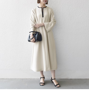 【WEB限定】〈洗濯機可能〉ダブルクロス ウエスト タック Aライン ワンピース ［NAVY BLUE］