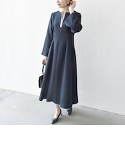 【WEB限定】〈洗濯機可能〉ダブルクロス ウエスト タック Aライン ワンピース ［NAVY BLUE］