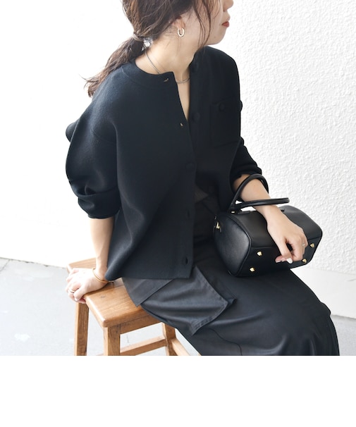 ミラノリブ ノーカラー ニット ジャケット カーディガン