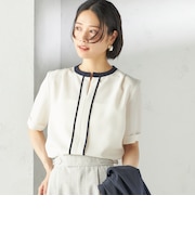 〈手洗い可能〉パイピング キーネック 半袖 ブラウス