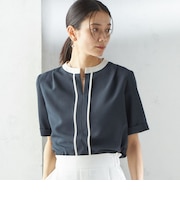 〈手洗い可能〉パイピング キーネック 半袖 ブラウス