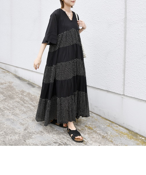 〈手洗い可能〉Fanaka:クリンクル 袖 フレア ロング ワンピース