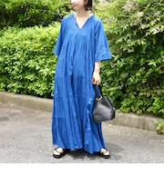 〈手洗い可能〉Fanaka:クリンクル 袖 フレア ロング ワンピース