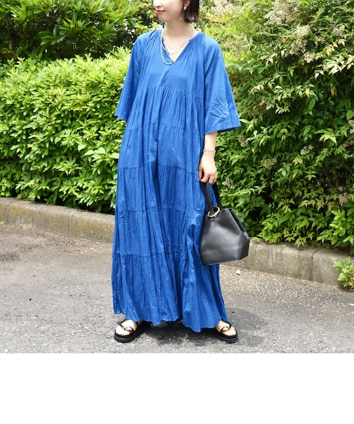 〈手洗い可能〉Fanaka:クリンクル 袖 フレア ロング ワンピース
