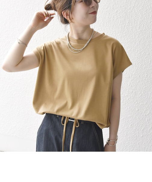 〈接触冷感/汗染み防止加工/洗濯機可能〉ドロスト フレンチスリーブ TEE