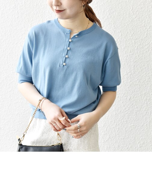 SHIPS any:〈接触冷感/手洗い可能〉ビジュー ヘンリーネック ニット プルオーバー