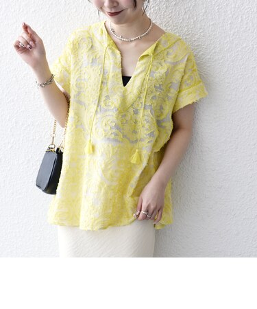 〈手洗い可能〉メッシュ ジャカード カフタン スキッパー ブラウス