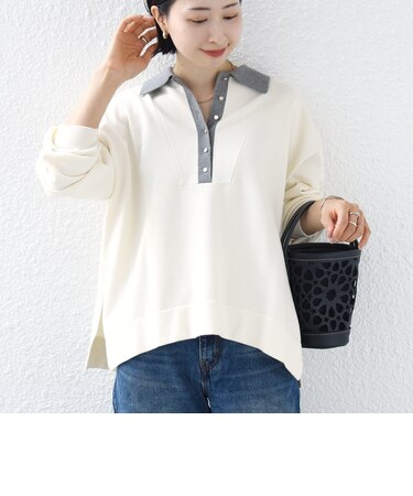 《一部追加予約》【WEB限定】〈手洗い可能〉サイド スリット ゴールド 釦 ポロ ニット