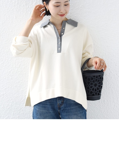 《一部追加予約》【WEB限定】〈手洗い可能〉サイド スリット ゴールド 釦 ポロ ニット