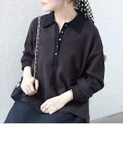 《一部追加予約》【WEB限定】〈手洗い可能〉サイド スリット ゴールド 釦 ポロ ニット