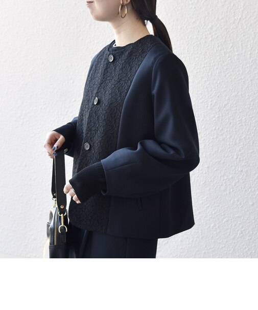 〈手洗い可能〉ダブルクロス レース 切替 ノーカラー ジャケット［NAVY BLUE］