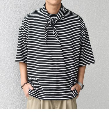 SHIPS any:〈洗濯機可能〉マリンテイスト ボーダー リラックス Tシャツ(スカーフ付き)◇